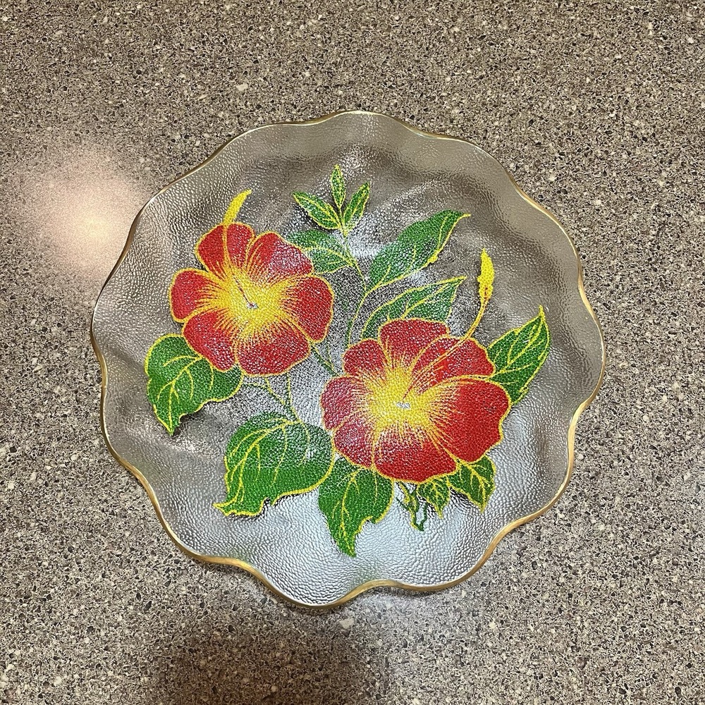 Reverse‎ Image Hand Painted Textured Glass Dish 10" Hawaiian Florals